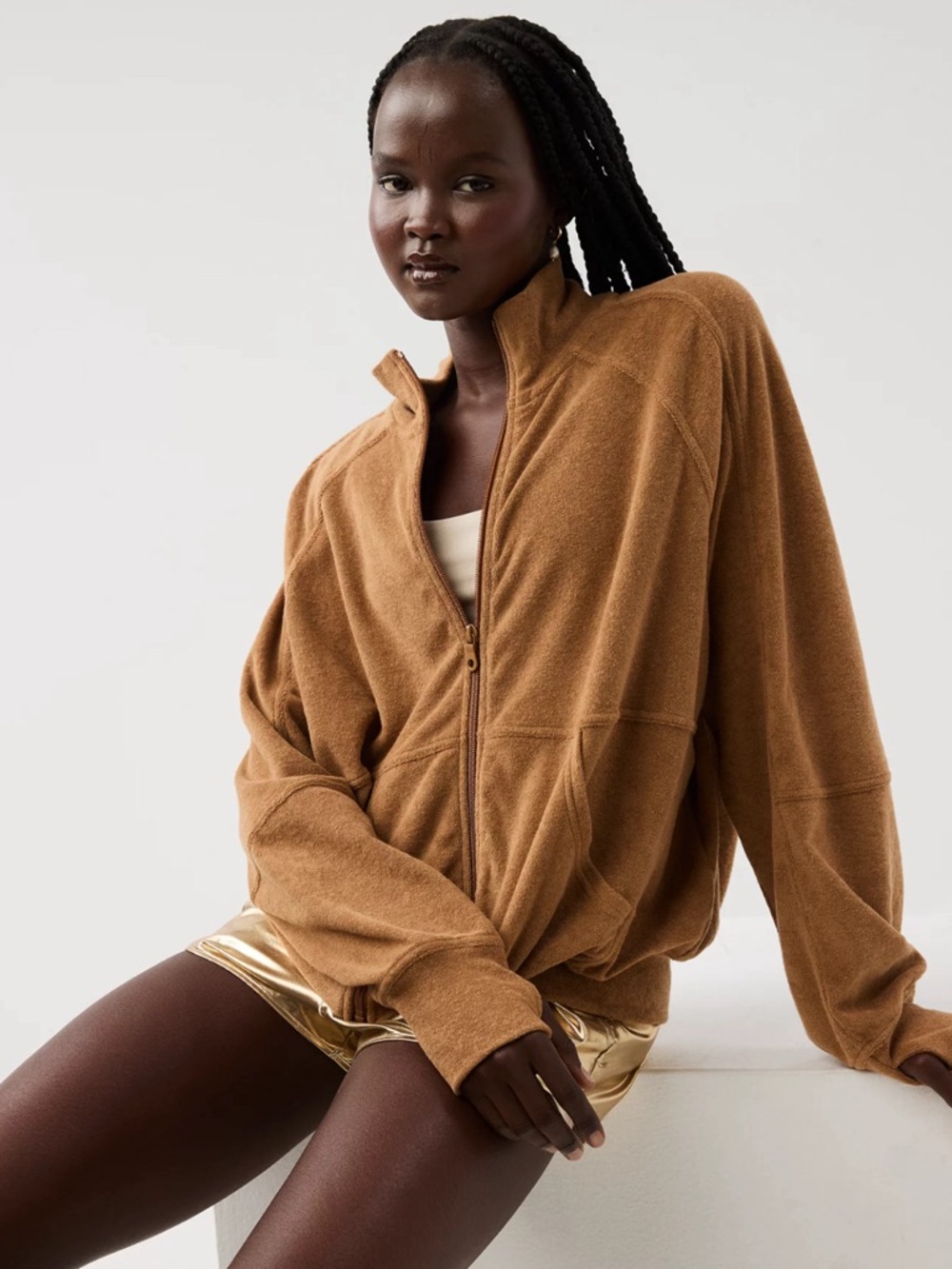 Offline Aerie Towel Terry Full Zip Jacket Caramel Brown Size Medium